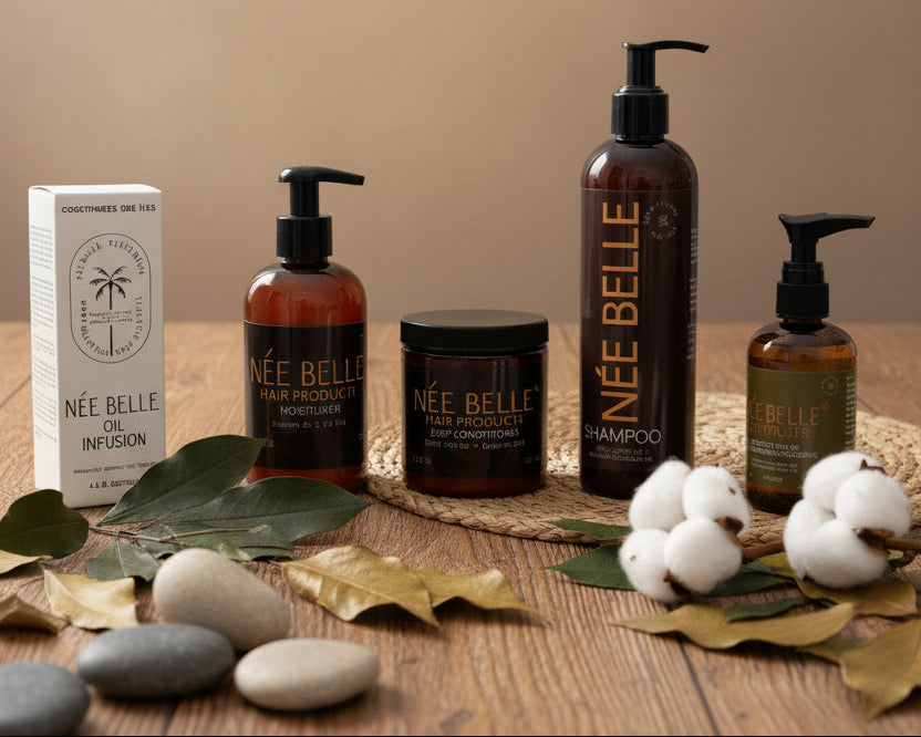 Nee Belle hair care products on a wooden surface with cotton and leaves.